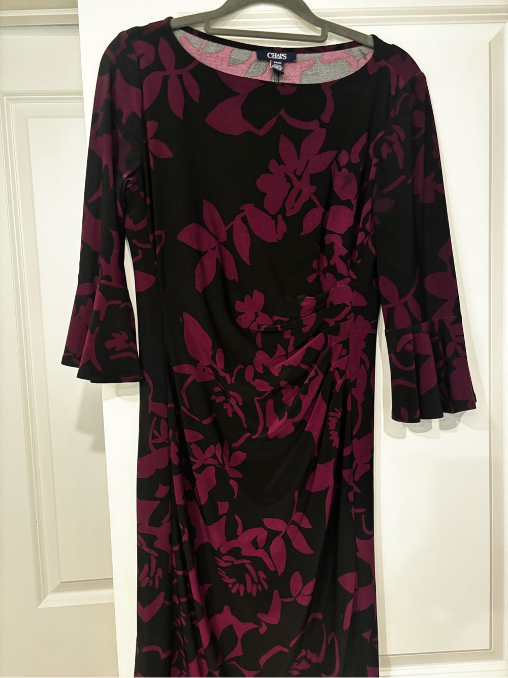 Chaps Black Dress with Plum Floral Print and Ruched Side